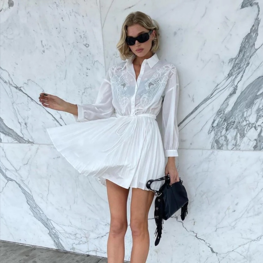 Maje White Bead Embellished Pleated Voile Mini Shirt Dress, size 34
